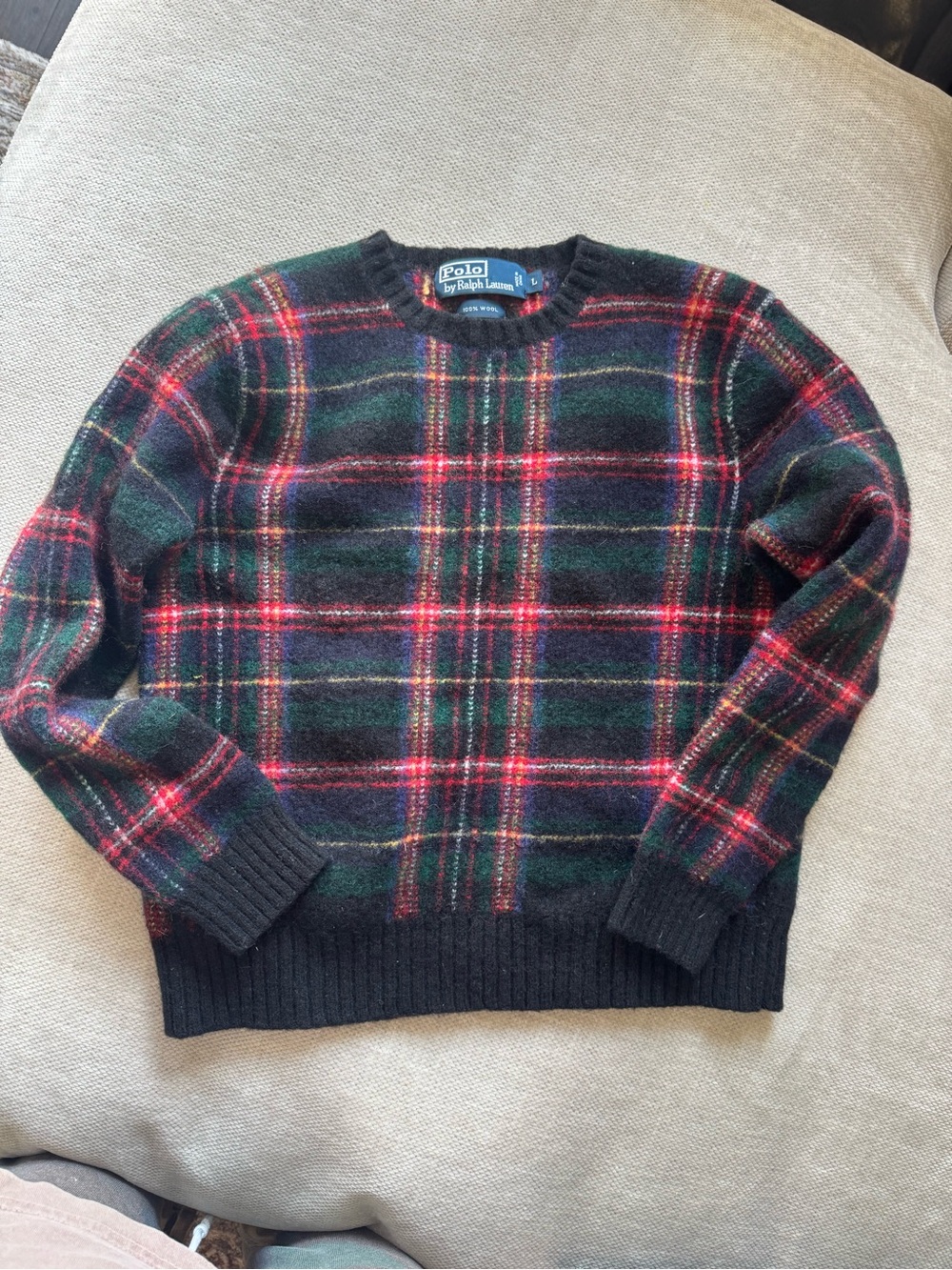 Ralph Lauren Black Crewneck Sweater with Green & Red Plaid